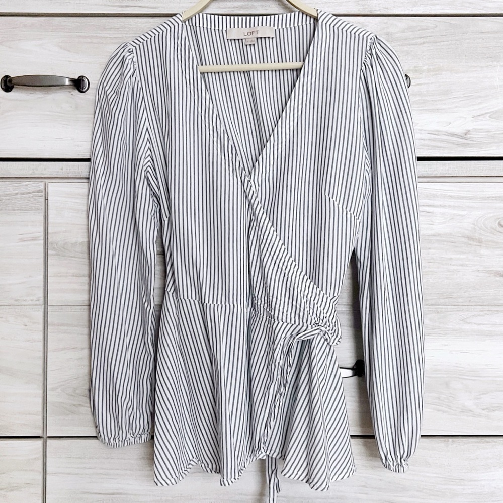 Loft Blue & White Pinstripe Wrap Blouse Size xs